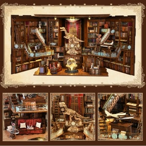 Puede incluir: Un modelo de madera en miniatura de una biblioteca con un esqueleto de dinosaurio, un globo terr&aacute;queo y una escalera. La biblioteca tiene estanter&iacute;as llenas de libros y un suelo de madera. El modelo est&aacute; hecho de madera y est&aacute; pintado en marr&oacute;n y blanco.