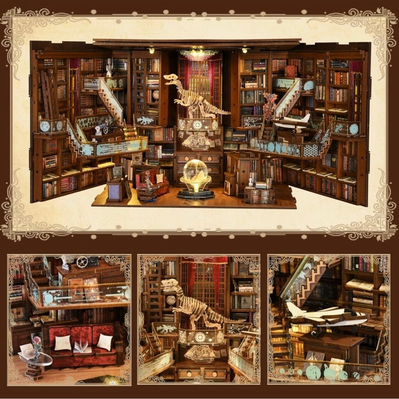 Puede incluir: Un modelo de madera en miniatura de una biblioteca con un esqueleto de dinosaurio, un globo terr&aacute;queo y una escalera. La biblioteca tiene estanter&iacute;as llenas de libros y un suelo de madera. El modelo est&aacute; hecho de madera y est&aacute; pintado en marr&oacute;n y blanco.