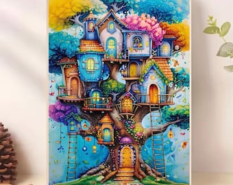 Puede incluir: Una colorida ilustración de una casa del árbol de varios niveles con numerosas viviendas pequeñas integradas en un gran árbol. La estructura incluye varias casas azules, amarillas y naranjas con puertas arqueadas, ventanas, balcones y escaleras de madera.