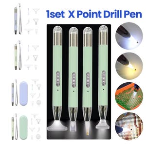 May include: A set of light green X Point Drill Pens with silver accents and a built-in light. The pens are designed for diamond painting and feature a button and battery indicator. The image also shows close-ups of the pen in use.