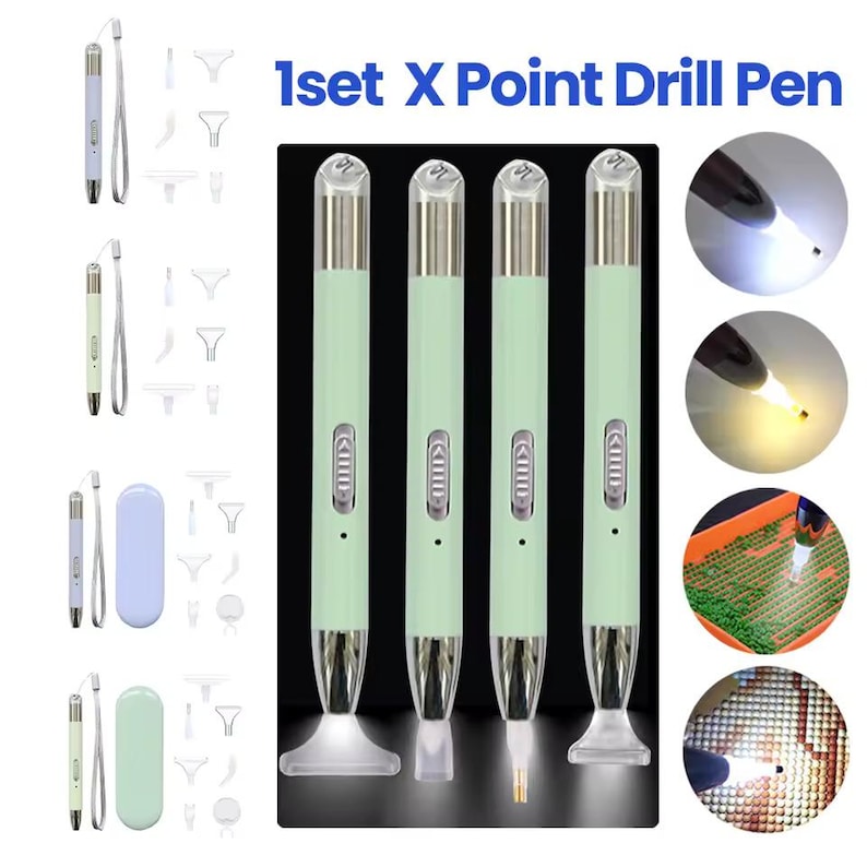 May include: A set of light green X Point Drill Pens with silver accents and a built-in light. The pens are designed for diamond painting and feature a button and battery indicator. The image also shows close-ups of the pen in use.