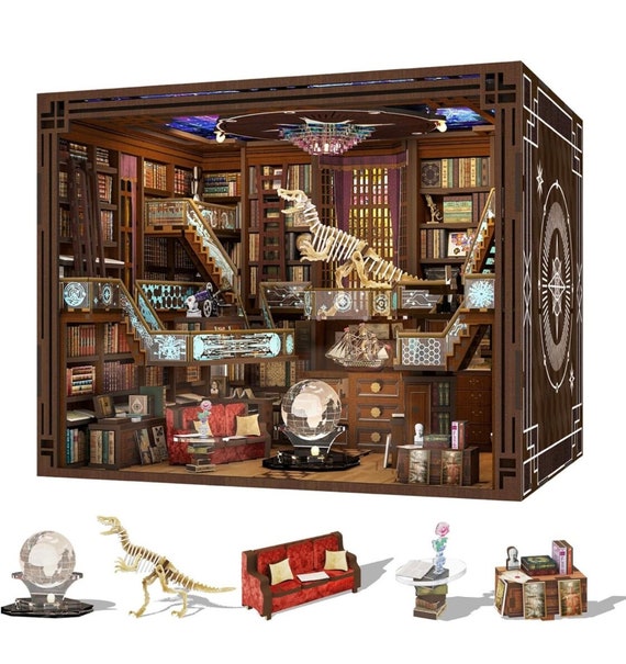 Wooden Book Nook Shelf Insert: 3D Miniature Library Puzzle Kit (18.2x10x24.5cm)