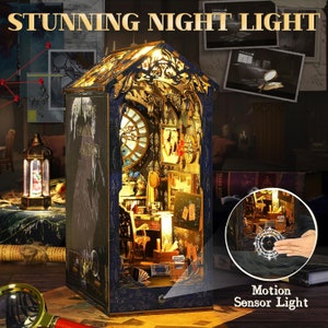 May include: A wooden miniature house with a lit interior, featuring a clock, books, and a desk. The house is decorated with intricate details and has a motion sensor light that turns on when movement is detected.