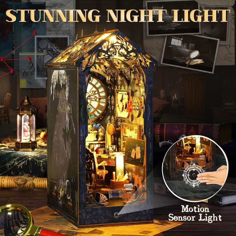 May include: A wooden miniature house with a lit interior, featuring a clock, books, and a desk. The house is decorated with intricate details and has a motion sensor light that turns on when movement is detected.