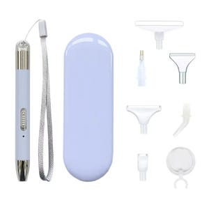 May include: A light blue diamond painting pen with a silver tip and a matching carrying case. The image also shows several white plastic diamond painting accessories, including trays and applicators.