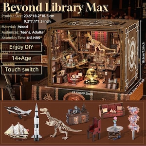 Puede incluir: Un kit de modelo 3D de madera de una biblioteca con un esqueleto de dinosaurio, un globo terr&aacute;queo y un sof&aacute;. El kit mide 23,5 cm por 18,2 cm por 18,5 cm y se recomienda para mayores de 14 a&ntilde;os. El kit incluye un interruptor t&aacute;ctil.
