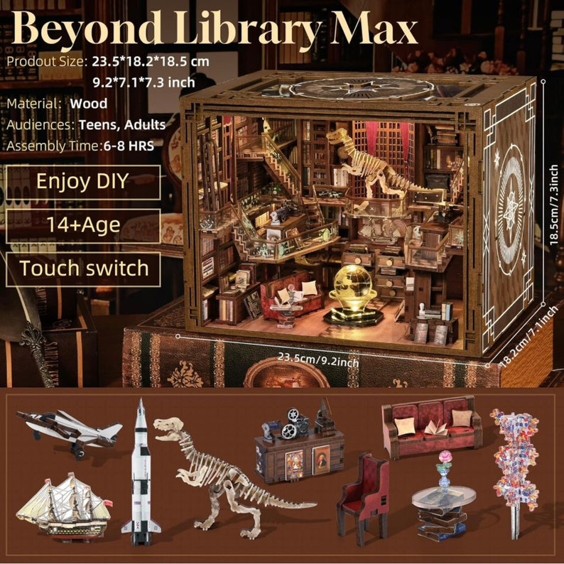 Puede incluir: Un kit de modelo 3D de madera de una biblioteca con un esqueleto de dinosaurio, un globo terr&aacute;queo y un sof&aacute;. El kit mide 23,5 cm por 18,2 cm por 18,5 cm y se recomienda para mayores de 14 a&ntilde;os. El kit incluye un interruptor t&aacute;ctil.