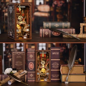 May include: A miniature wooden dollhouse with a bookshelf and a desk, lit up with warm lights. The dollhouse is surrounded by antique-looking books and a quill pen.