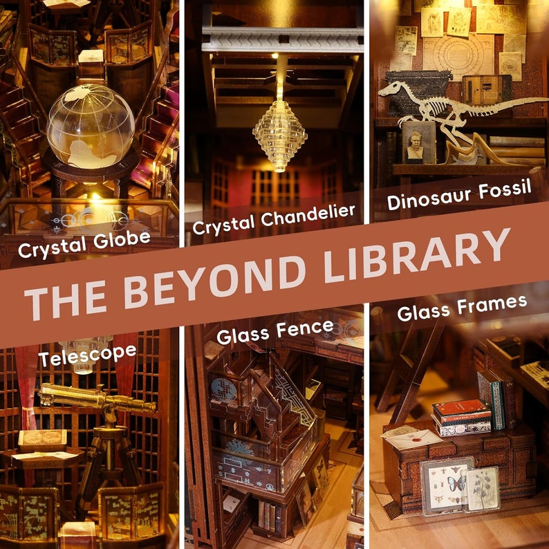 May include: A miniature wooden model of a library with intricate details, including a crystal globe, a crystal chandelier, a telescope, a glass fence, glass frames, and a dinosaur fossil. The model is labeled "THE BEYOND LIBRARY".