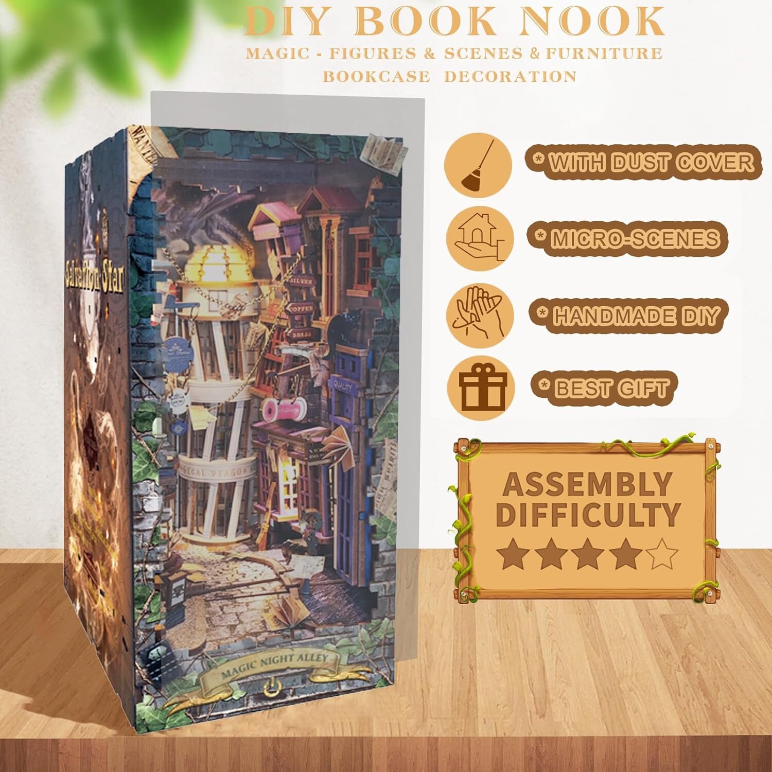 DIY Book Nook Kit "Magic Night Alley" – 3D Holzpuzzle Mit LED, Puppenhaus Für Bücherregal, Geschenk