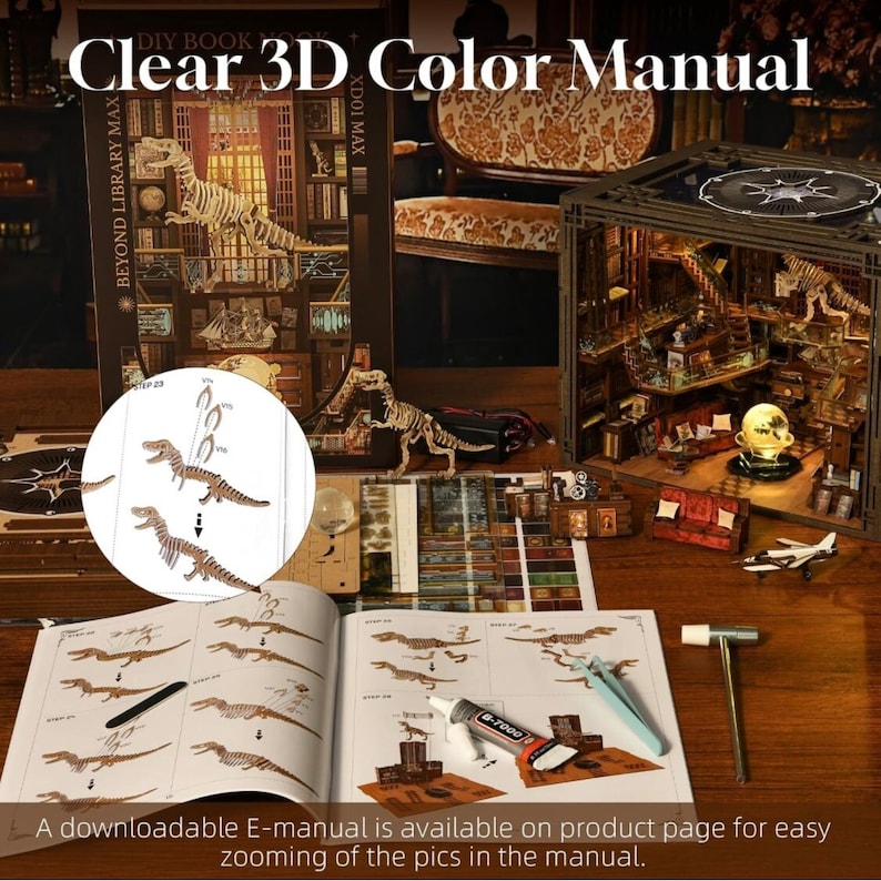 Puede incluir: Un kit de maqueta 3D de una biblioteca en miniatura con un esqueleto de dinosaurio en su interior. El kit incluye un manual de instrucciones detallado, pegamento y herramientas. El modelo est&aacute; hecho de madera y est&aacute; dise&ntilde;ado para ser ensamblado y pintado.