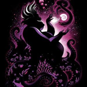 May include: A graphic illustration in shades of purple and black featuring a central figure with tentacles extending outward. The figure is surrounded by underwater elements including small fish, coral, shells, and a swirling eel-like creature.