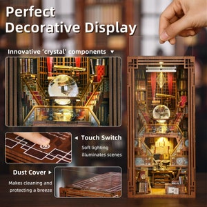 May include: A wooden miniature model of a library with a glass globe, bookshelves, and a touch-activated light. The model is enclosed in a clear dust cover and has a touch switch for the light.