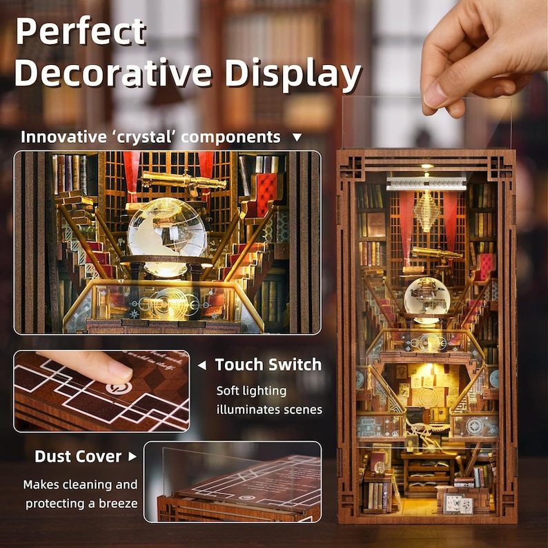 May include: A wooden miniature model of a library with a glass globe, bookshelves, and a touch-activated light. The model is enclosed in a clear dust cover and has a touch switch for the light.