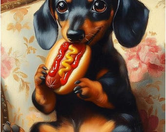 Puede incluir: Pintura digital de un cachorro de perro salchicha comiendo un perrito caliente. El perro tiene pelaje negro y marrón, ojos marrones grandes y está sentado en una silla con estampado floral. El perrito caliente está cubierto con ketchup y mostaza.