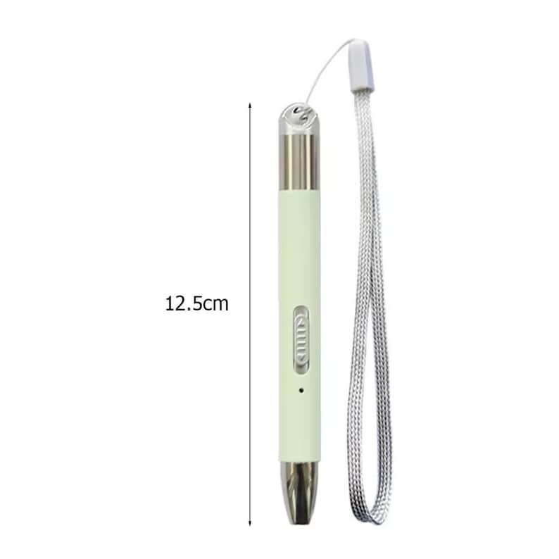 May include: A light green stylus pen, approximately 4.9 inches long, with a silver metal tip and accents. It has a small button and a silver lanyard attached. The text "12.5cm" is visible.