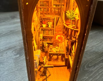 Library of Books Wooden Miniature Book Nook Shelf Insert 3D Wooden Puzzle Insert Model