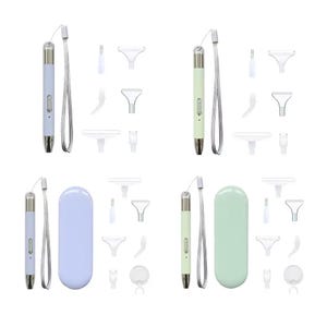 May include: Four sets of diamond painting tools. Each set includes a pen-like tool with a wrist strap, various applicator tips, and a storage case. The tools are in pastel blue and green colors.