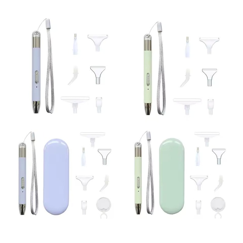 May include: Four sets of diamond painting tools. Each set includes a pen-like tool with a wrist strap, various applicator tips, and a storage case. The tools are in pastel blue and green colors.
