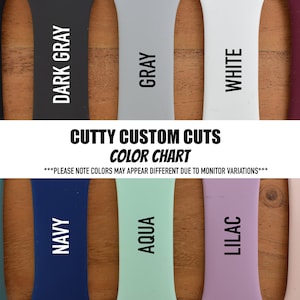May include: A color chart for watch bands featuring ten vertical silicone straps in black, dark gray, gray, white, wine, teal, navy, aqua, lilac, and pink sand. The text reads CUTTY CUSTOM CUTS COLOR CHART and PLEASE NOTE COLORS MAY APPEAR DIFFERENT.
