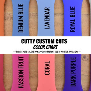 May include: A color chart for silicone watch bands featuring ten vertical strips in orange, denim blue, lavendar, royal blue, lavendar dust, red, passion fruit, coral, dark purple, and eggplant. The text reads CUTTY CUSTOM CUTS COLOR CHART.