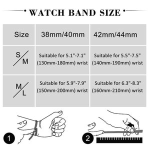 May include: A watch band size chart with black text on a light gray background. The table lists sizes 38mm/40mm and 42mm/44mm with corresponding wrist measurements in inches and millimeters for S/M and M/L bands, plus two instructional diagrams.
