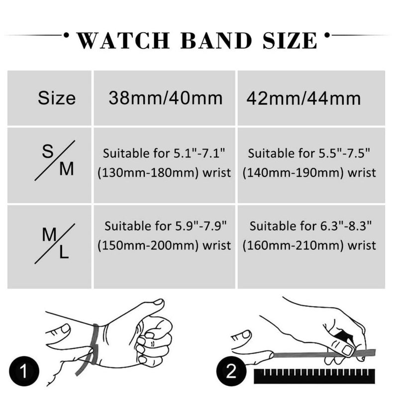 May include: A watch band size chart with black text on a light gray background. The table lists sizes 38mm/40mm and 42mm/44mm with corresponding wrist measurements in inches and millimeters for S/M and M/L bands, plus two instructional diagrams.