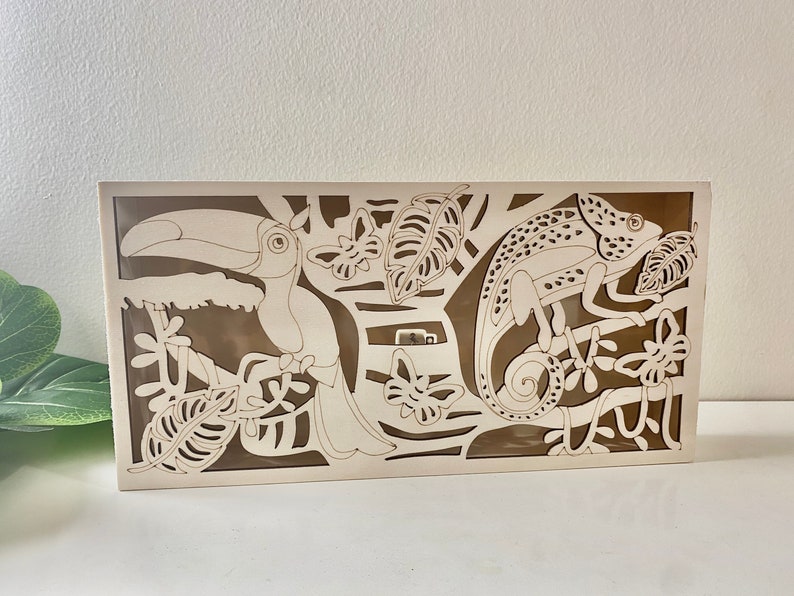 Home Decor Wood Light Box Laser cut wood paint kit Gifts for Kids Toucan and Chameleon Wooden LED Box