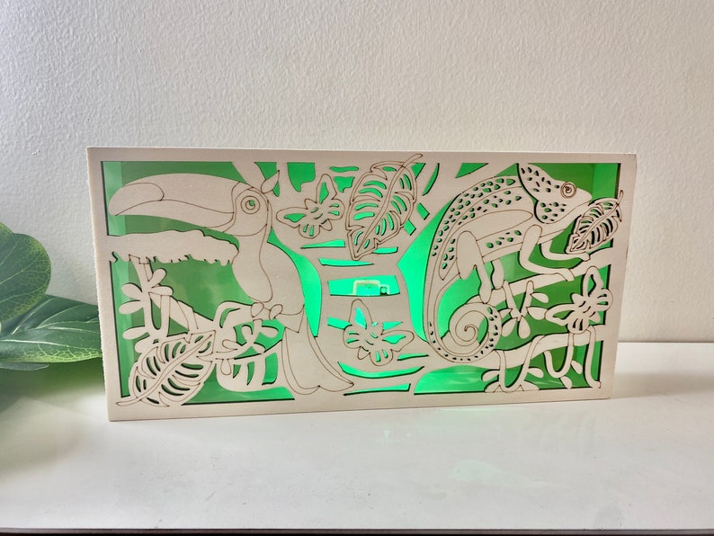 Home Decor Wood Light Box Laser cut wood paint kit Gifts for Kids Toucan and Chameleon Wooden LED Box