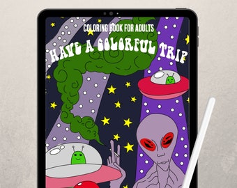 May include: A digital tablet screen displaying a coloring book page with a purple background, a green alien with red eyes, and the text "HAVE A COLORFUL TRIP".