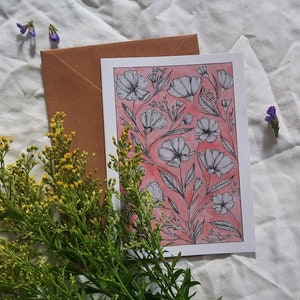 Cartão floral rosa - fofo e muito perfeito para o aniversário de um amante da natureza, cartão de agradecimento, dia das mães
