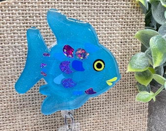 Rainbow Fish badge reel topper w/alligator clip or belt clip badge reel for teacher, school, pre-school, nurse, medical