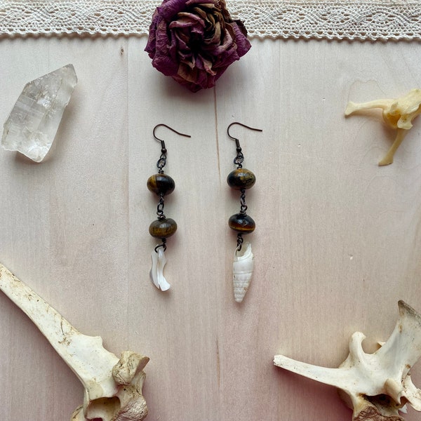 dryad’s treasure earrings // seashell + tiger’s eye // vulture culture jewelry // gothic style