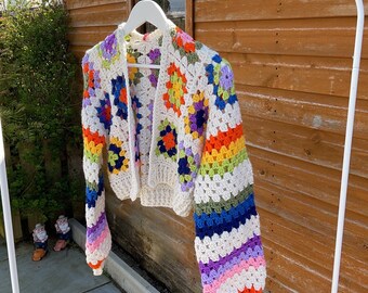 Rainbow Granny Square Crochet Cardigan Hand Made