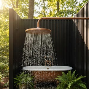 May include: Outdoor shower with a copper showerhead and plumbing, water cascading into a copper-colored bathtub. The shower is set against a black slatted wall, surrounded by greenery, creating a spa-like atmosphere.