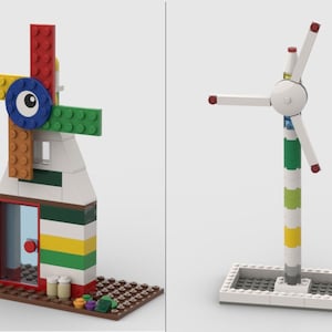 May include: Two Lego windmills, one with a colorful spinning blade and a small house, the other with a white blade and a green and yellow striped tower.