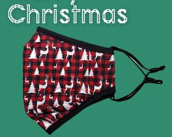 Christmas Holiday Face Mask |  Red Plaid | Breathable | Washable | Cotton | Three Layers | Filter Pocket | Nose Wire | Adjustable Ear Loops