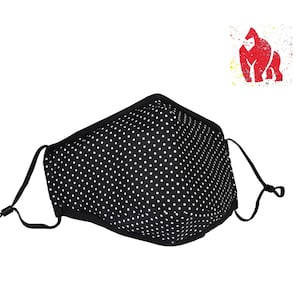 May include: Black face mask with white polka dots and adjustable ear loops.