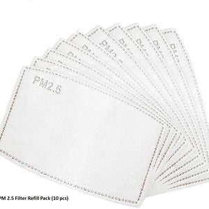 May include: A pack of 10 white PM2.5 filter refills for face masks. The filters are rectangular and have a white border.