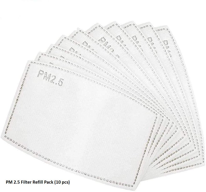 May include: A pack of 10 white PM2.5 filter refills for face masks. The filters are rectangular and have a white border.