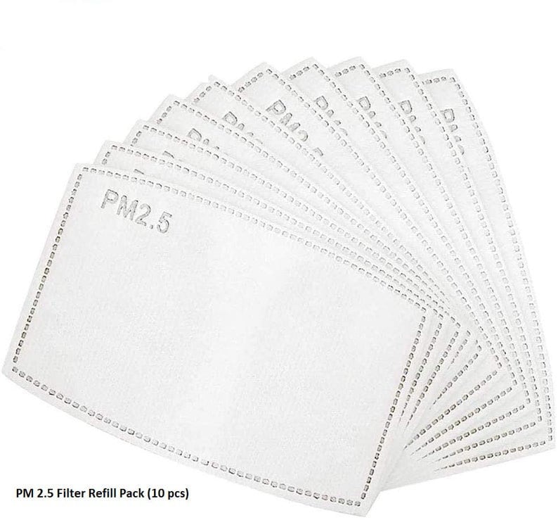 Peut inclure: Un paquet de 10 recharges de filtre PM2.5 blanches pour masques faciaux. Les filtres sont rectangulaires et ont une bordure blanche avec un motif r&eacute;p&eacute;titif de petits points.