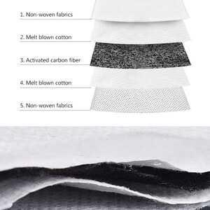 May include: A close-up of a white face mask with five layers. The layers are labeled: 1. Non-woven fabrics, 2. Melt blown cotton, 3. Activated carbon fiber, 4. Melt blown cotton, 5. Non-woven fabrics. The mask is labeled "PM2.5".