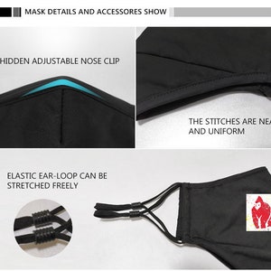 May include: Close-up of a black face mask with adjustable nose clip and elastic ear loops. The mask has a gorilla graphic on the front. The text "MASK DETAILS AND ACCESSORES SHOW" is at the top of the image. The text "HIDDEN ADJUSTABLE NOSE CLIP" is at the top left of the image. The text "ELASTIC EAR-LOOP CAN BE STRETCHED FREELY" is at the bottom left of the image. The text "THE STITCHES ARE NEAT AND UNIFORM" is at the bottom right of the image.