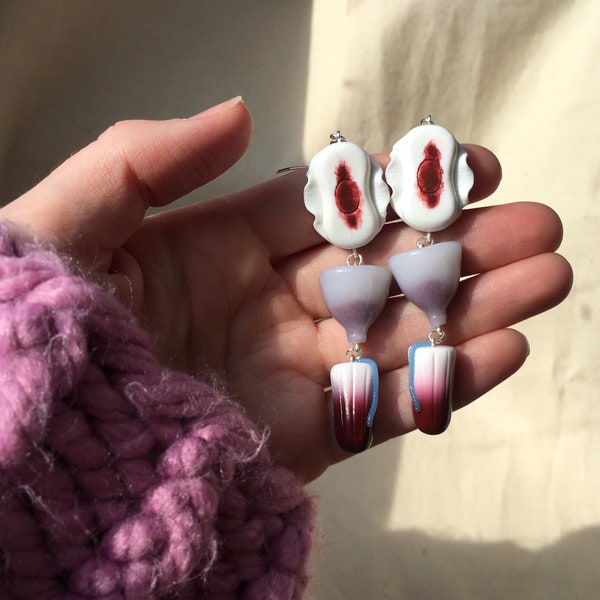 BLOODY PERIOD PRODUCT - Double and Triple Drop Period Positive Tampon, Sanitary Towel and Menstrual Cup Earrings - Feminism, Empowerment!