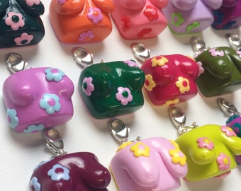 Made to Order- FLOWER POWER Clip on Boobie Charms - Feminist Art, Flower Polymer Clay Keychain/Keyring/Zip Charm, Body Empowerment!