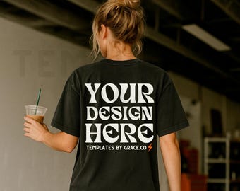Back Black Mockup Comfort Colors Black Comfort  C1717 Lifestyle Model Mockup Oversized Tee Aesthetic Mock Up Trendy Model Y2K Street