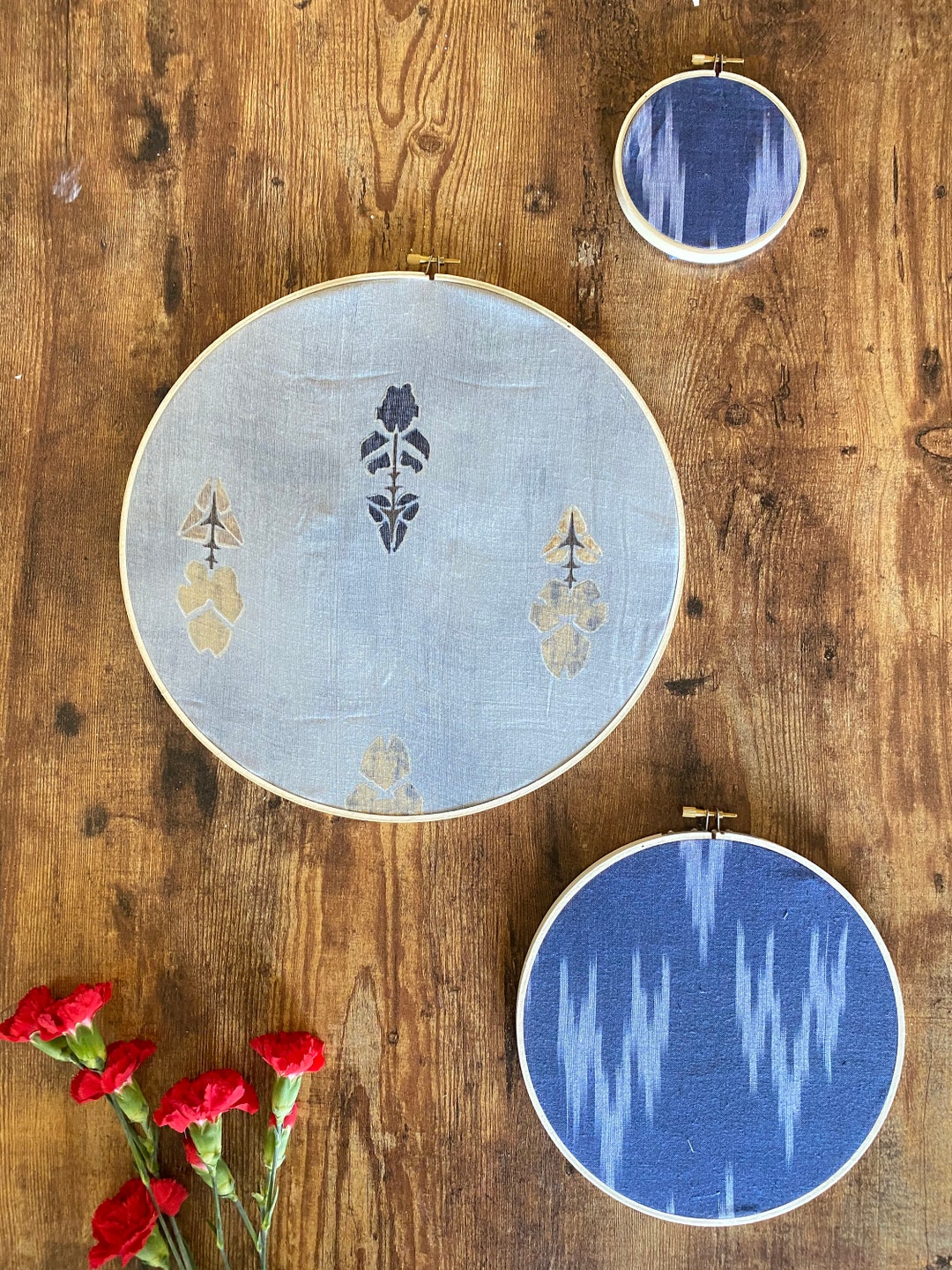 African Mud Cloth Wall Hanging Decor Set wooden Circle Hoop Decor Handmade Bohemian & Vintage