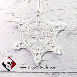 Skullflake Lace Ornament Embroidered Decoration, Snowflake with Skull Design, Fiber Art by Texas Ceramics for Shop of Skulls Store
