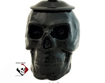 Skull Sugar Bowl with Lid, Ceramic Container Haunted Halloween Black Horror Kitchen Counter Accent