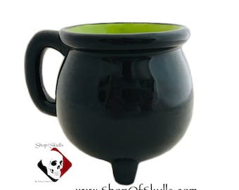 Black Cauldron Mug with Witchy Green Interior, Halloween Kettle Cup Holds 16 Ounces